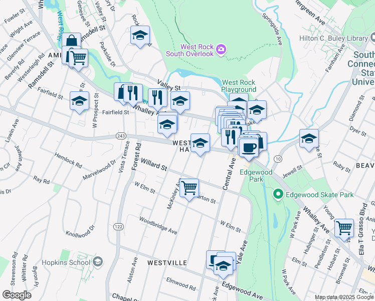 map of restaurants, bars, coffee shops, grocery stores, and more near in New Haven