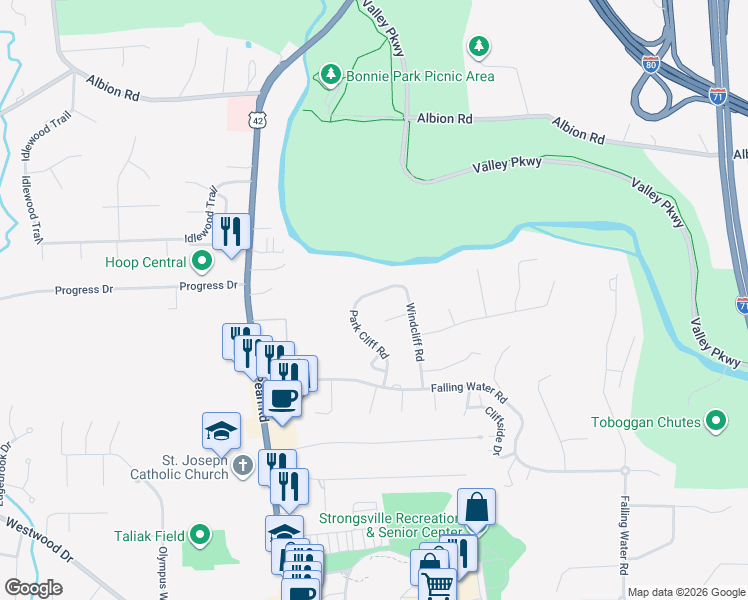 map of restaurants, bars, coffee shops, grocery stores, and more near 12167 Park Cliff Road in Strongsville