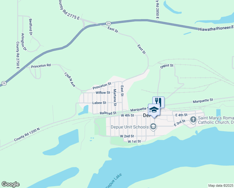 map of restaurants, bars, coffee shops, grocery stores, and more near 230 East Street in DePue