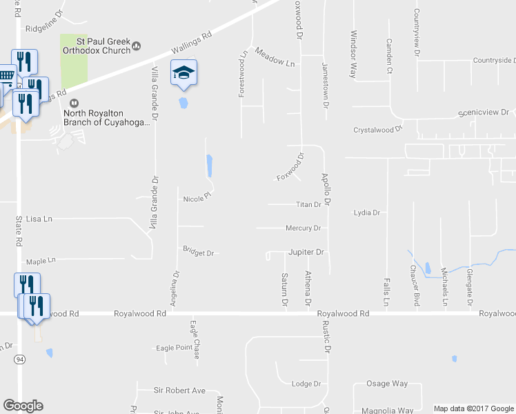 map of restaurants, bars, coffee shops, grocery stores, and more near 3693 Titan Drive in North Royalton