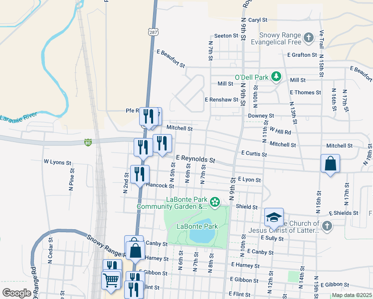 map of restaurants, bars, coffee shops, grocery stores, and more near 1564 North 6th Street in Laramie