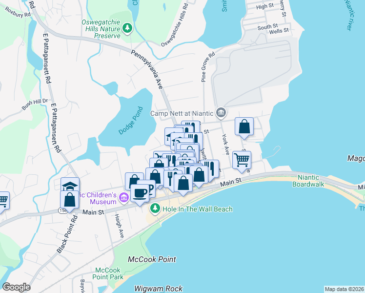 map of restaurants, bars, coffee shops, grocery stores, and more near 88 Pennsylvania Ave in East Lyme