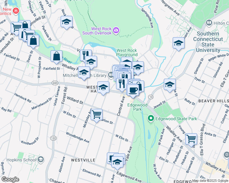 map of restaurants, bars, coffee shops, grocery stores, and more near 71 Fountain Street in New Haven