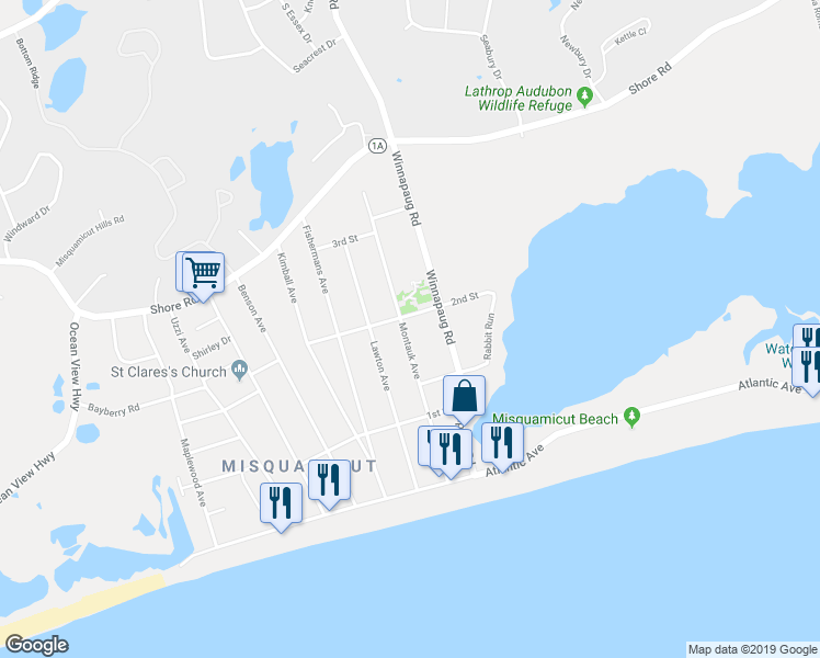map of restaurants, bars, coffee shops, grocery stores, and more near 49 Montauk Avenue in Westerly