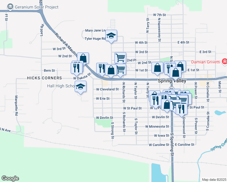 map of restaurants, bars, coffee shops, grocery stores, and more near 527 West Cleveland Street in Spring Valley