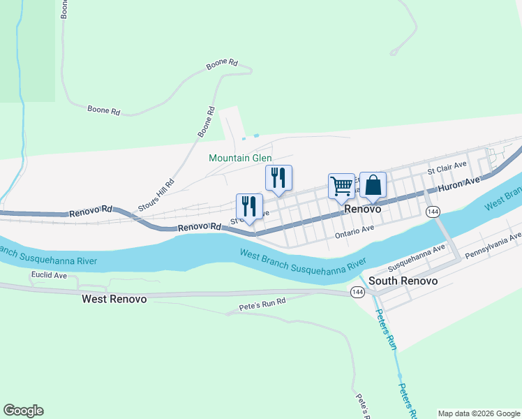 map of restaurants, bars, coffee shops, grocery stores, and more near 324 Erie Avenue in Renovo