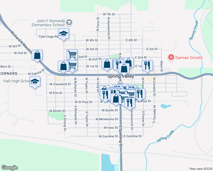 map of restaurants, bars, coffee shops, grocery stores, and more near 205 West Cleveland Street in Spring Valley