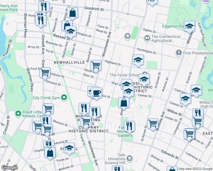 map of restaurants, bars, coffee shops, grocery stores, and more near 69 Sheffield Avenue in New Haven
