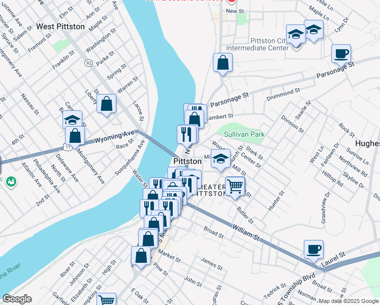 map of restaurants, bars, coffee shops, grocery stores, and more near in Pittston