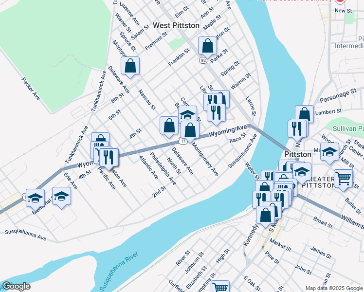 map of restaurants, bars, coffee shops, grocery stores, and more near 43 Montgomery Avenue in Luzerne County