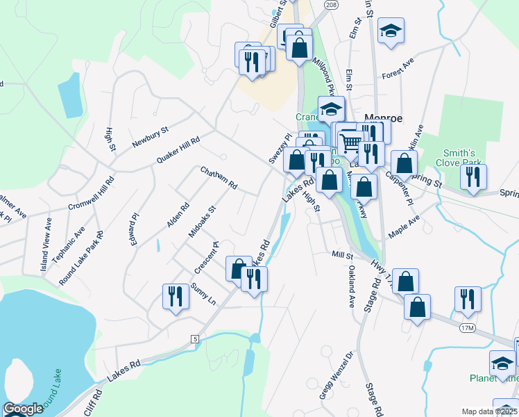 map of restaurants, bars, coffee shops, grocery stores, and more near 60 Summit Street in Monroe