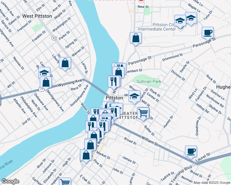 map of restaurants, bars, coffee shops, grocery stores, and more near in Pittston