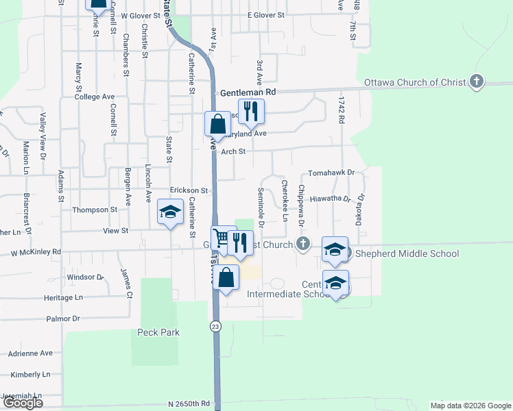 map of restaurants, bars, coffee shops, grocery stores, and more near 1419 Seminole Drive in Ottawa