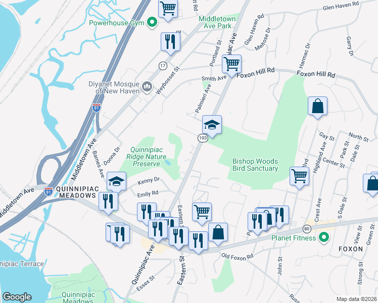 map of restaurants, bars, coffee shops, grocery stores, and more near 1462 Quinnipiac Avenue in New Haven