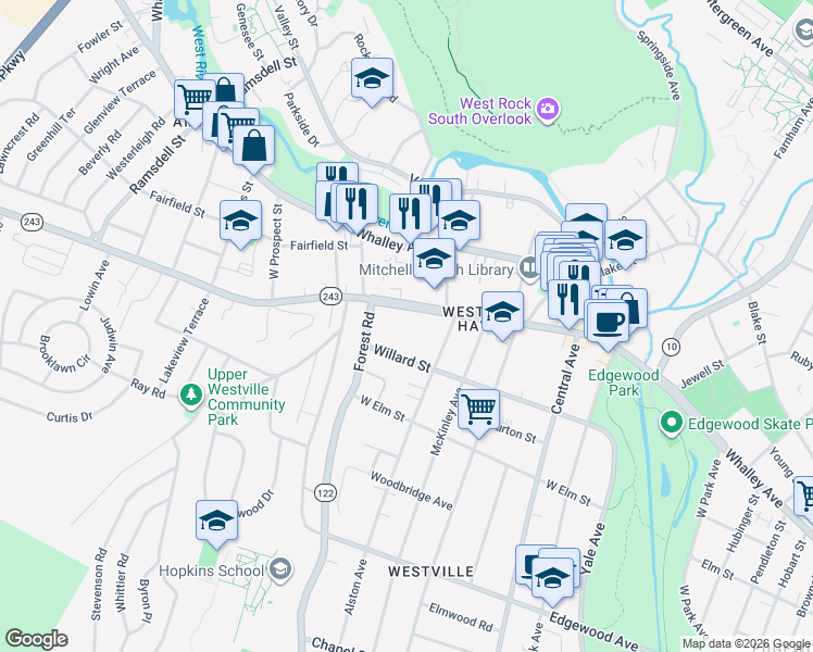 map of restaurants, bars, coffee shops, grocery stores, and more near 200 Fountain Street in New Haven
