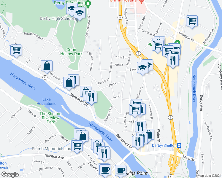 map of restaurants, bars, coffee shops, grocery stores, and more near 38 Smith Street in Derby