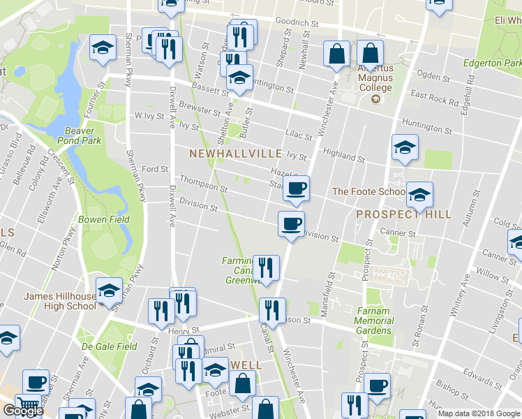 map of restaurants, bars, coffee shops, grocery stores, and more near 94 Newhall Street in New Haven