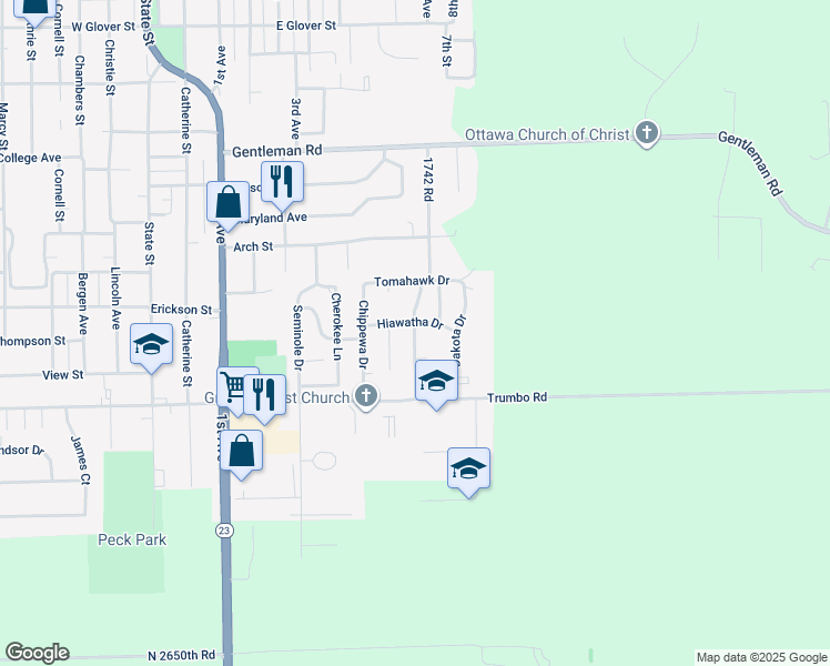 map of restaurants, bars, coffee shops, grocery stores, and more near 1415 Shawnee Lane in Ottawa