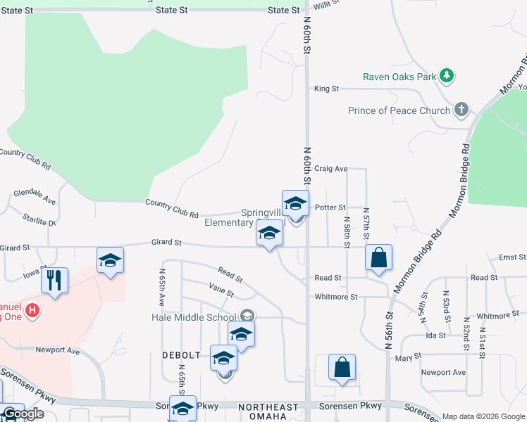 map of restaurants, bars, coffee shops, grocery stores, and more near 6140 Country Club Road in Omaha