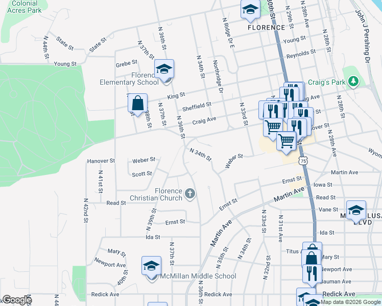 map of restaurants, bars, coffee shops, grocery stores, and more near 7528 North 34th Street in Omaha