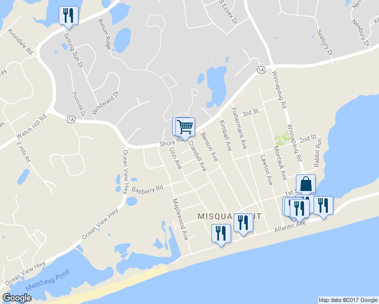 map of restaurants, bars, coffee shops, grocery stores, and more near 9 Cadbury Lane in Westerly