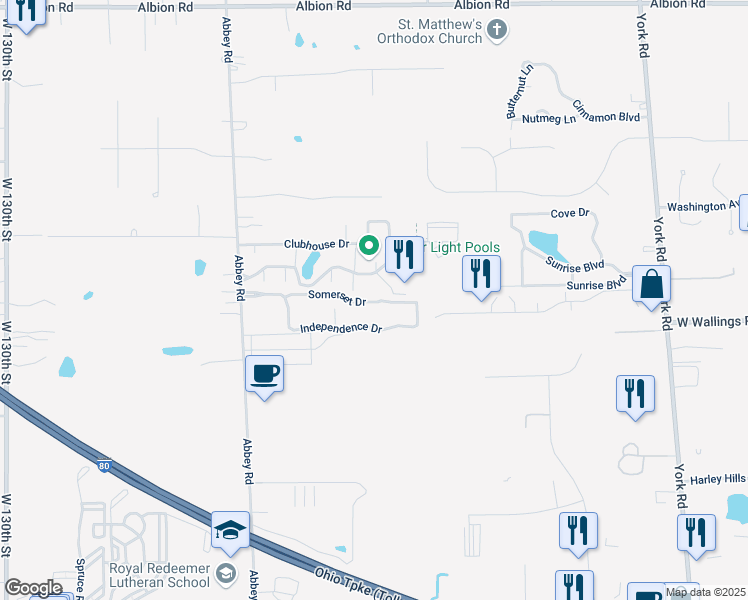 map of restaurants, bars, coffee shops, grocery stores, and more near 93 Somerset Drive in North Royalton