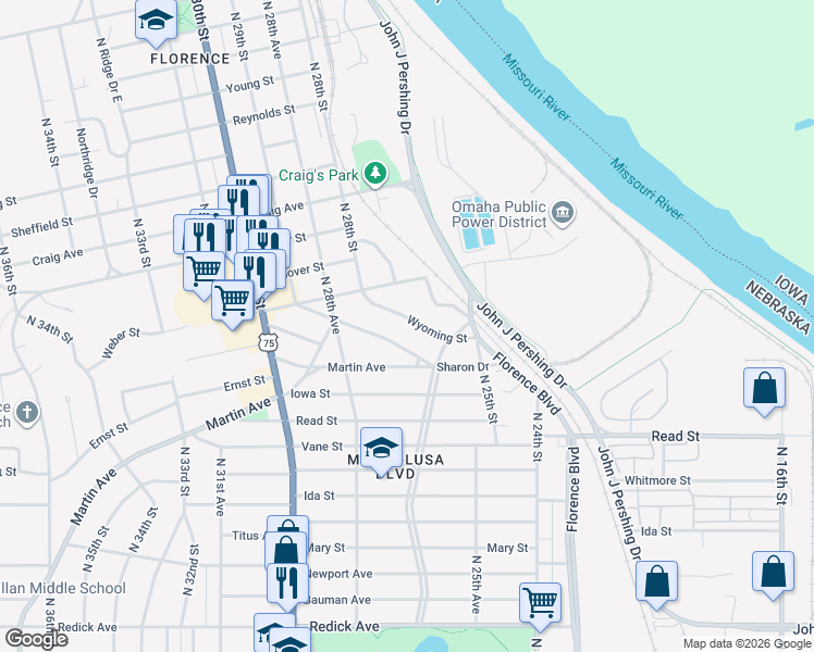map of restaurants, bars, coffee shops, grocery stores, and more near 2735 Wyoming Street in Omaha