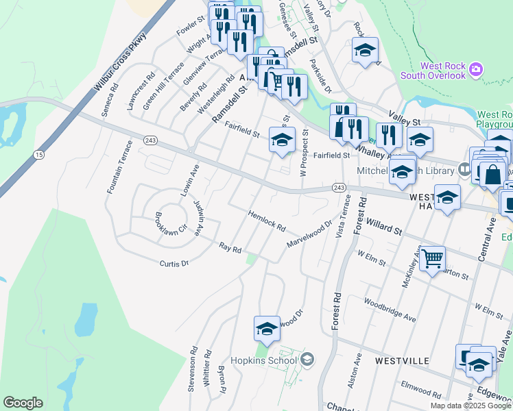 map of restaurants, bars, coffee shops, grocery stores, and more near 215 Lakeview Terrace in New Haven