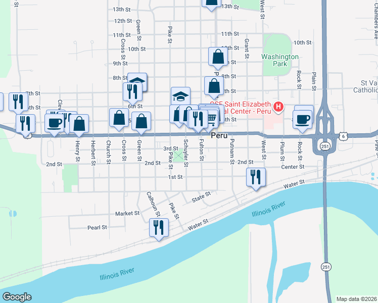 map of restaurants, bars, coffee shops, grocery stores, and more near 1930 3rd Street in Peru