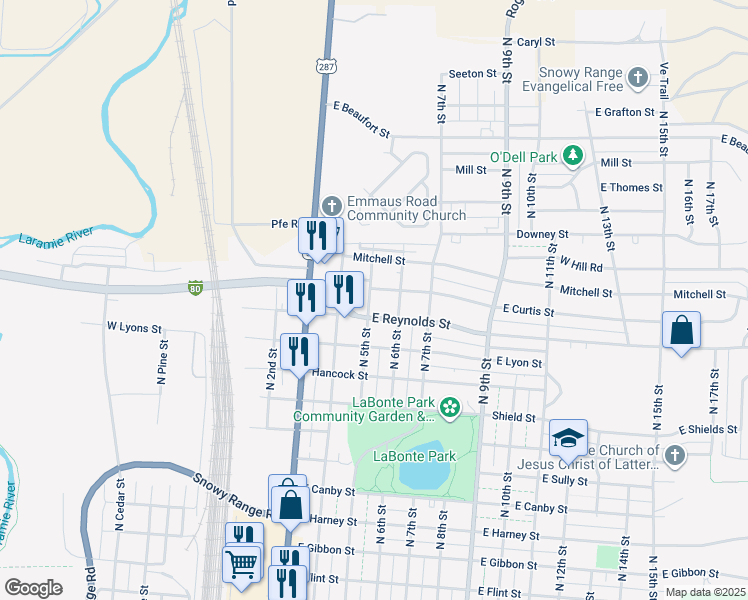 map of restaurants, bars, coffee shops, grocery stores, and more near 1575 North 4th Street in Laramie