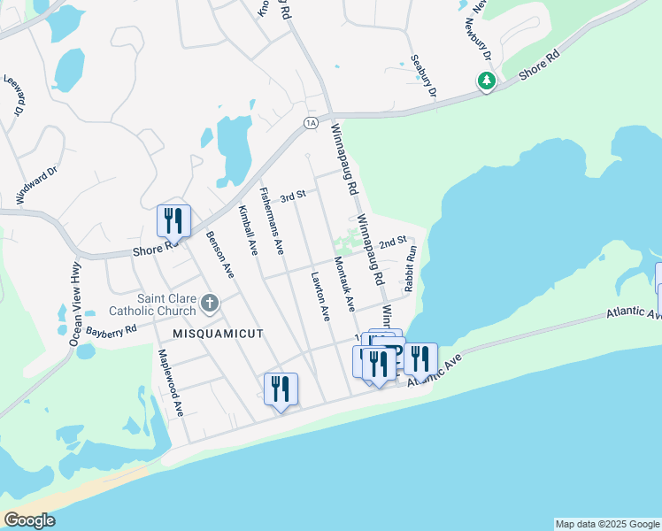 map of restaurants, bars, coffee shops, grocery stores, and more near 49 Montauk Avenue in Westerly