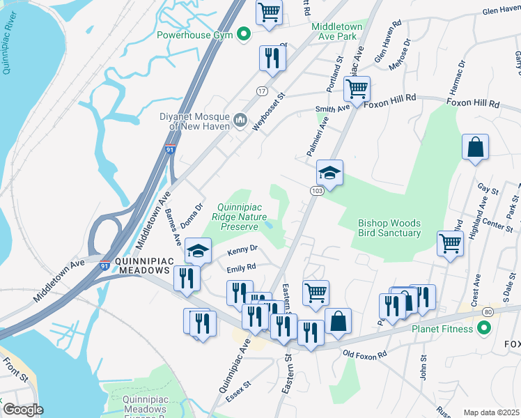 map of restaurants, bars, coffee shops, grocery stores, and more near Sunset Ridge in New Haven