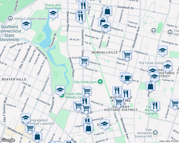 map of restaurants, bars, coffee shops, grocery stores, and more near 487 Dixwell Avenue in New Haven