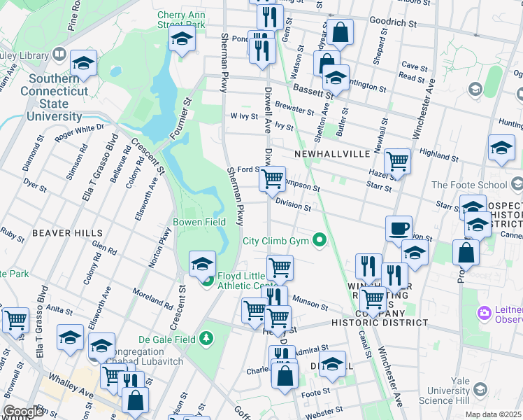 map of restaurants, bars, coffee shops, grocery stores, and more near 320 West Division Street in New Haven