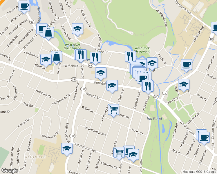 map of restaurants, bars, coffee shops, grocery stores, and more near in New Haven