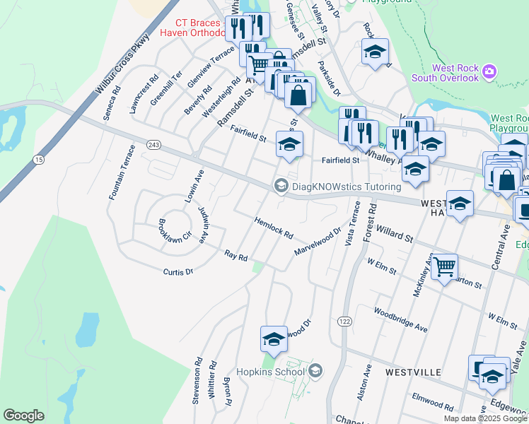 map of restaurants, bars, coffee shops, grocery stores, and more near 215 Lakeview Terrace in New Haven