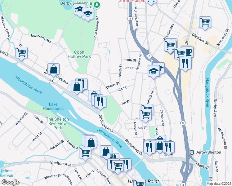 map of restaurants, bars, coffee shops, grocery stores, and more near 38 Smith Street in Derby