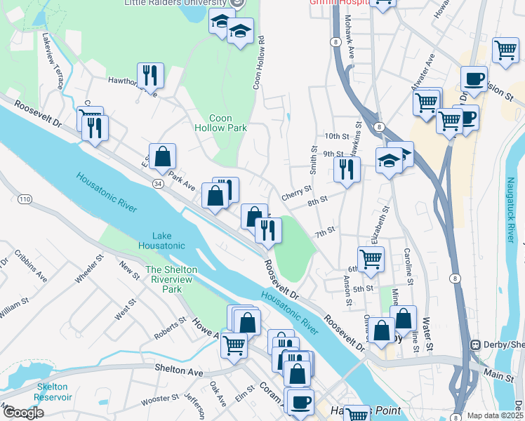 map of restaurants, bars, coffee shops, grocery stores, and more near 12 North Avenue in Derby