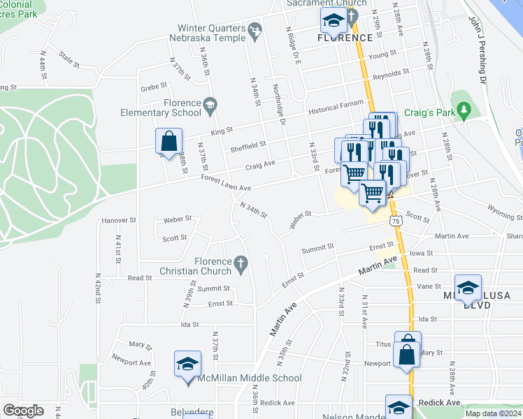 map of restaurants, bars, coffee shops, grocery stores, and more near 7503 North 34th Street in Omaha