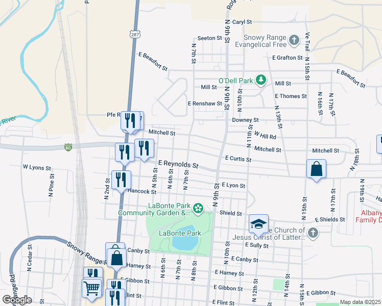 map of restaurants, bars, coffee shops, grocery stores, and more near 702 East Curtis Street in Laramie