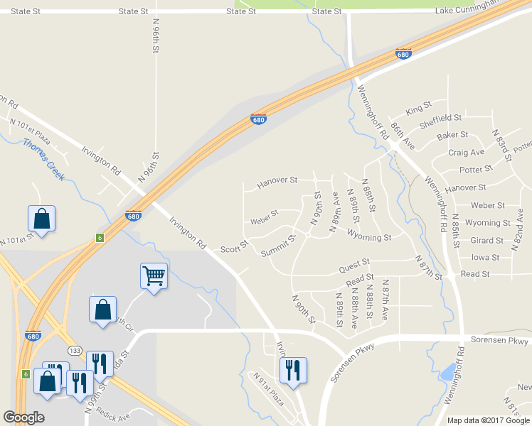 map of restaurants, bars, coffee shops, grocery stores, and more near 9146 Weber Street in Omaha