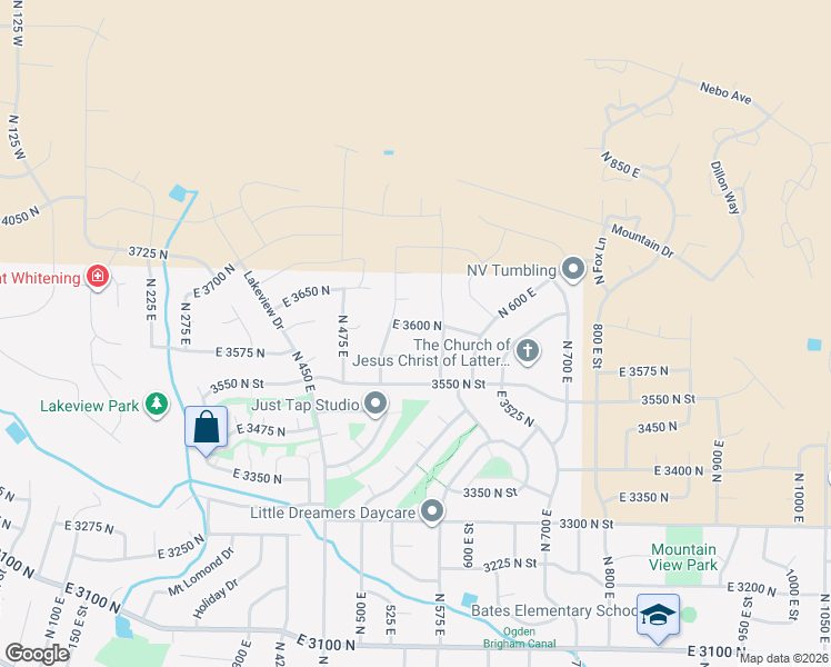 map of restaurants, bars, coffee shops, grocery stores, and more near 539 East 3600 North in Ogden