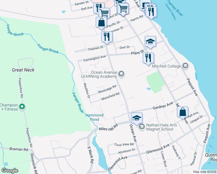 map of restaurants, bars, coffee shops, grocery stores, and more near 33 Westridge Road in New London