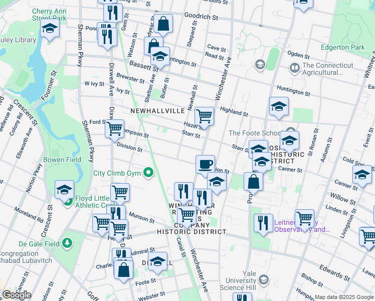 map of restaurants, bars, coffee shops, grocery stores, and more near 50 Thompson Street in East Haven