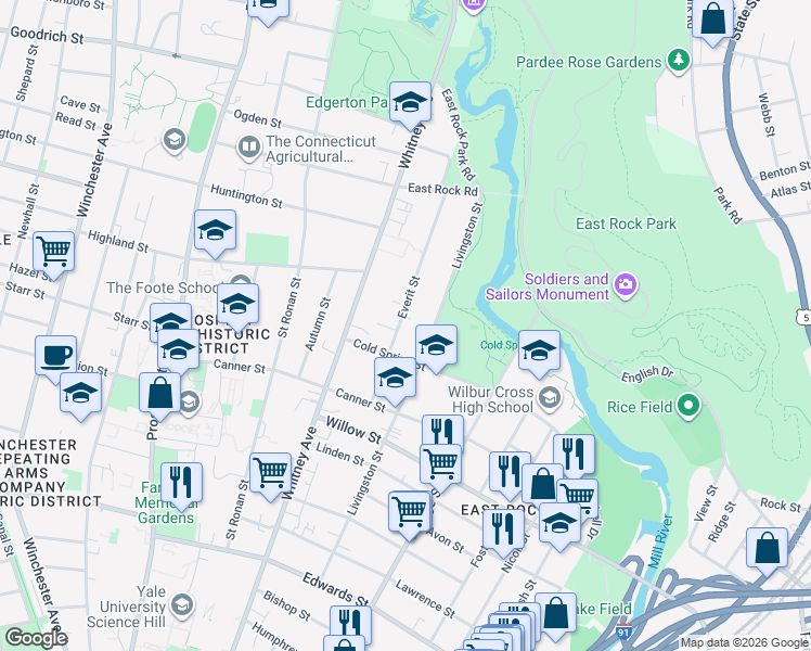map of restaurants, bars, coffee shops, grocery stores, and more near 89 Everit Street in New Haven