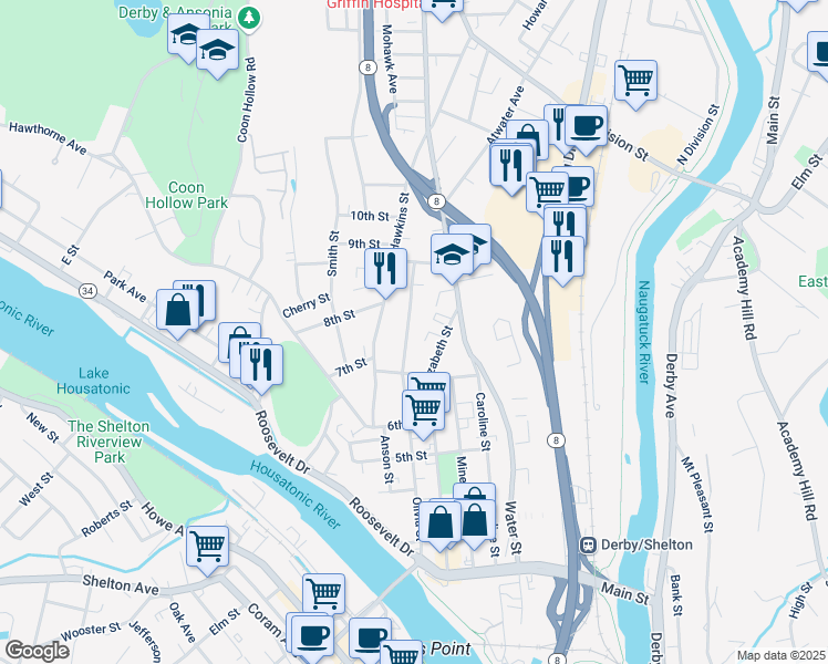map of restaurants, bars, coffee shops, grocery stores, and more near 265 Olivia Street in Derby