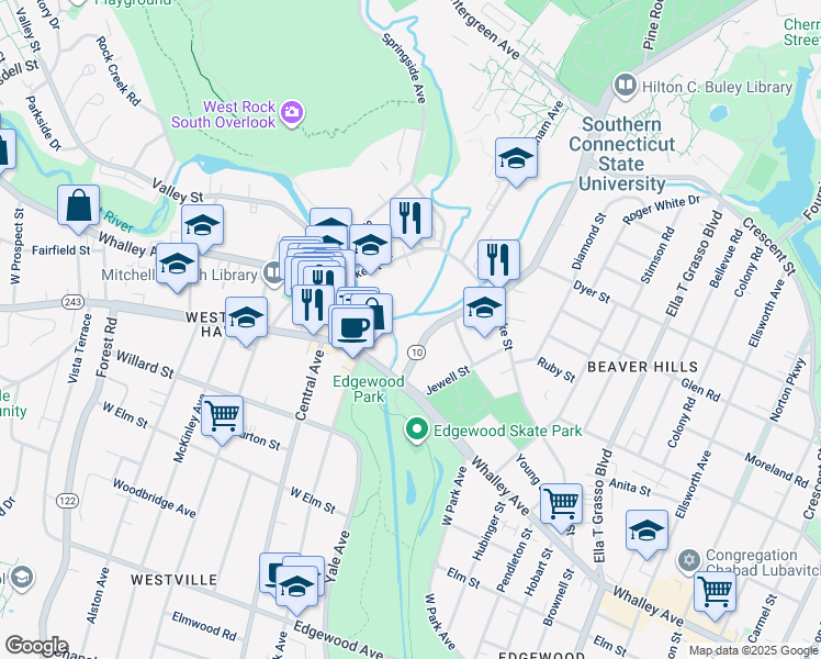 map of restaurants, bars, coffee shops, grocery stores, and more near 50 Fitch Street in New Haven