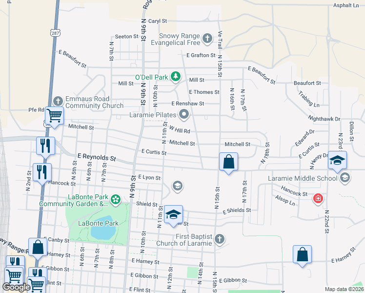 map of restaurants, bars, coffee shops, grocery stores, and more near 1120 East Mitchell Street in Laramie