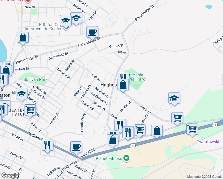 map of restaurants, bars, coffee shops, grocery stores, and more near 91 Center Saint Exd in Hughestown