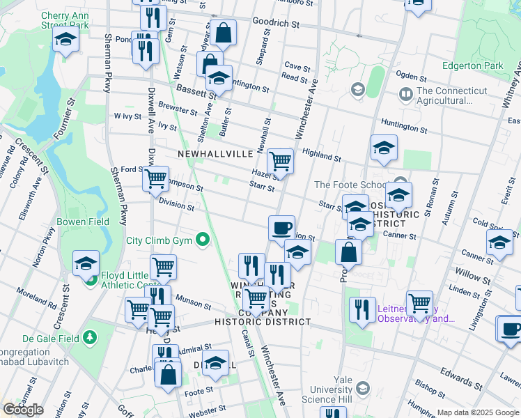 map of restaurants, bars, coffee shops, grocery stores, and more near 32 Thompson Street in New Haven